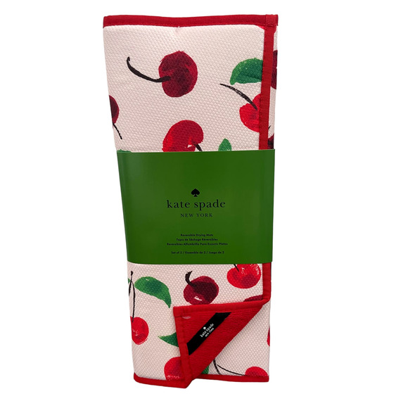 Kate Spade CHERRY Kitchen Dish Drying Mats 2pk Reversible Pink & Red 16x22 New - Picture 1 of 8